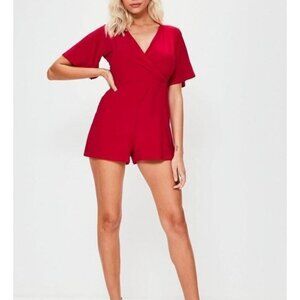 NWT Missguided Slinky Wrap Playsuit Red Ruffled Cut Out Back Womens Size XS